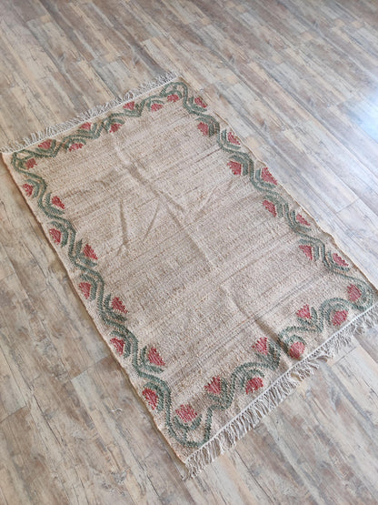 Rose Floral Border Cotton Jute Rug