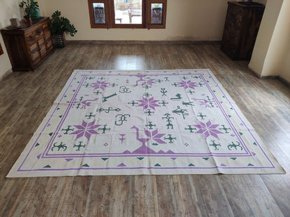 Lavender & Green Tribal Folk Motif Kilim - Traditional Star Pattern Dhurrie