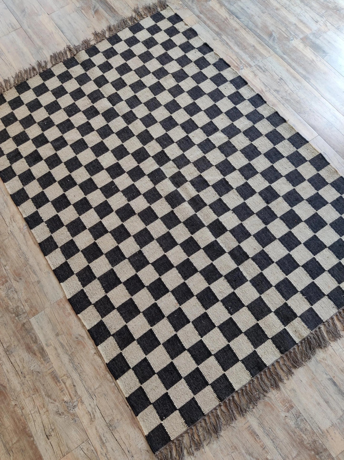 Charcoal Chessboard Hand-Woven Wool and Jute Rug