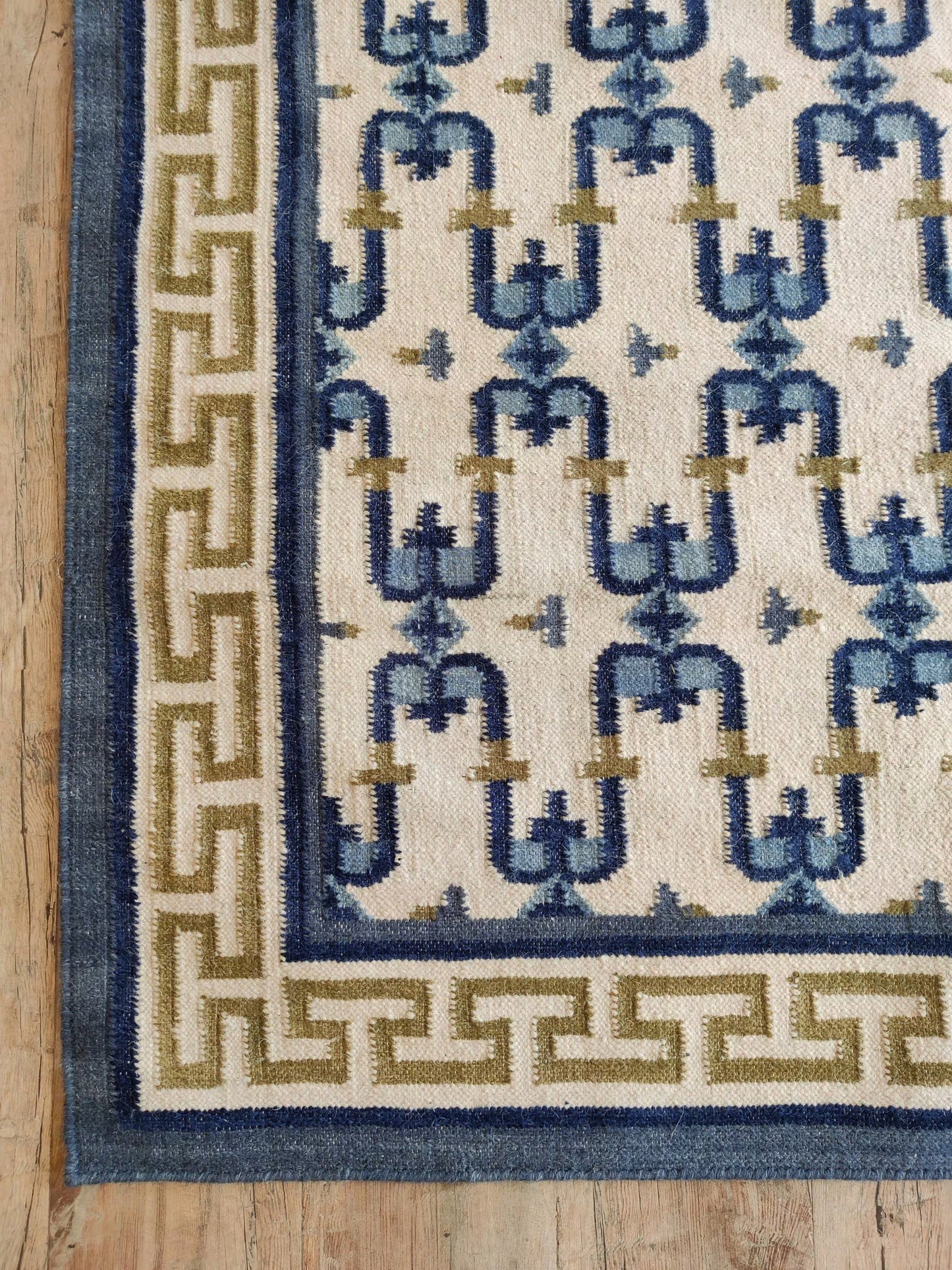 Navy Olive Patterned Dhurrie with Greek Key Border wool rug