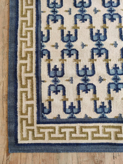 Navy Olive Patterned Dhurrie with Greek Key Border wool rug