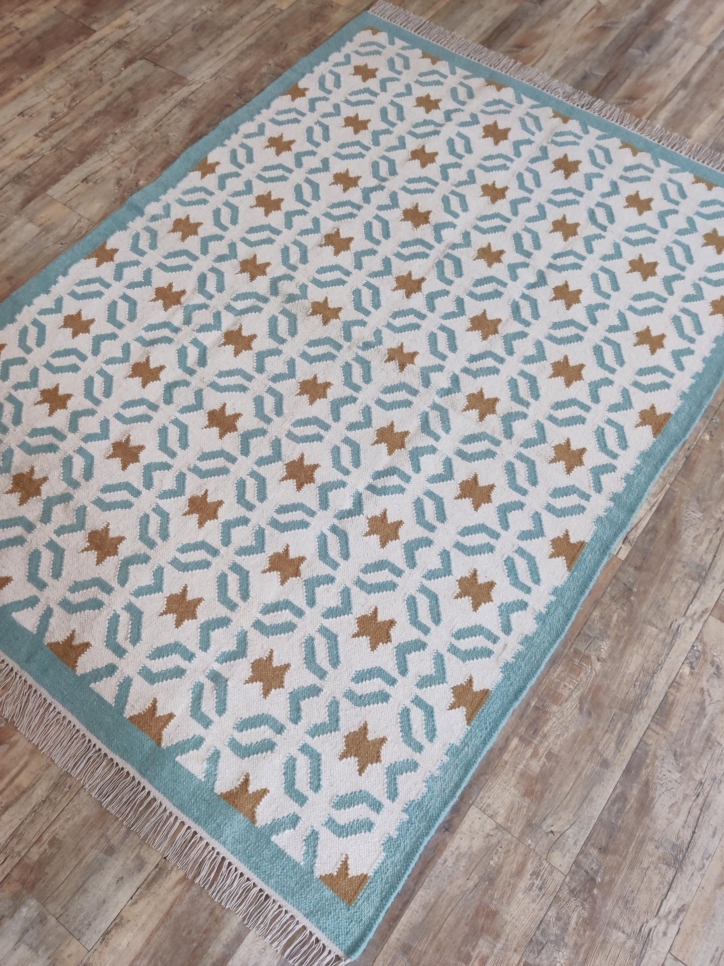 Teal Sunburst Trellis Aqua Mint Green, Ochre & Cream Cotton Wool Dhurrie