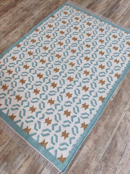 Teal Sunburst Trellis Aqua Mint Green, Ochre & Cream Cotton Wool Dhurrie