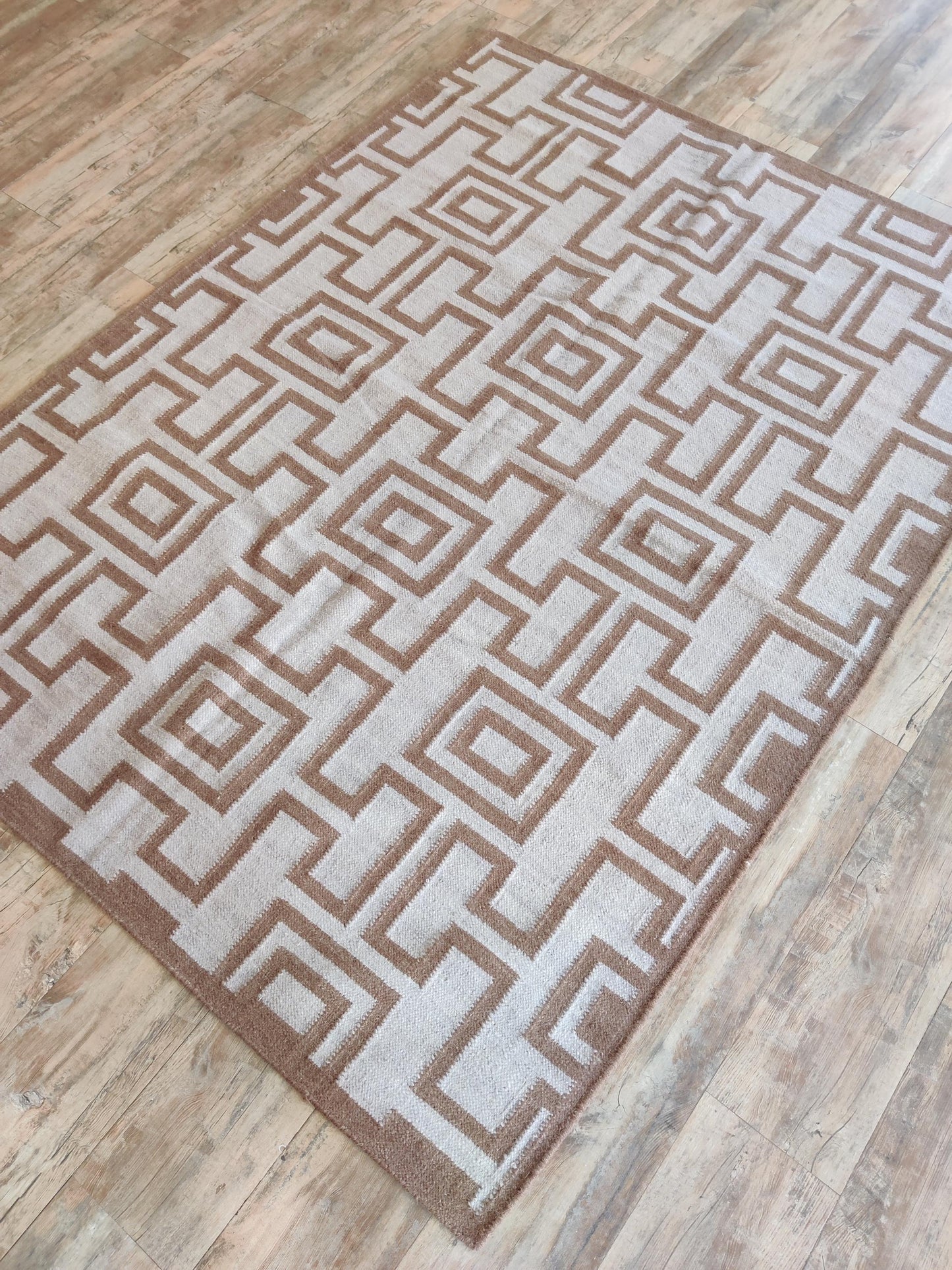 Camel Geometric Maze Modern Tan and Cream Greek Key Wool Cotton Dhurrie Rug