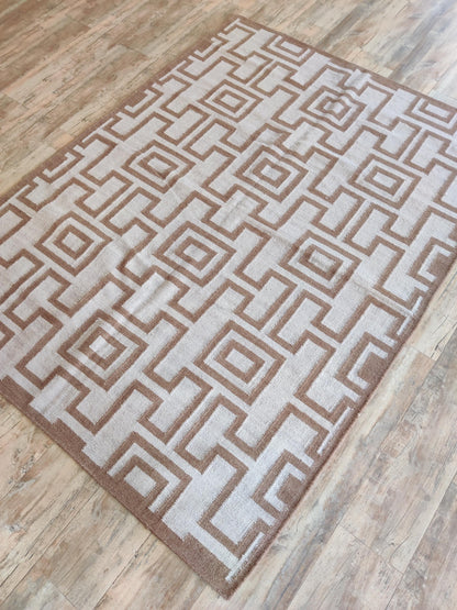 Camel Geometric Maze Modern Tan and Cream Greek Key Wool Cotton Dhurrie Rug