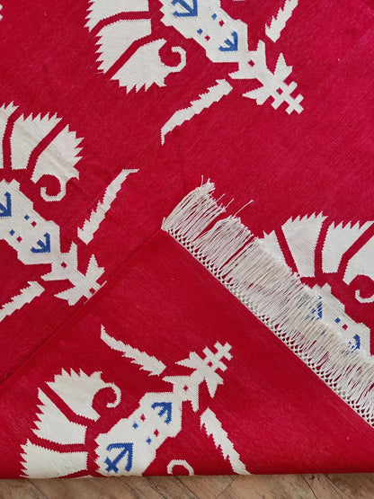Red Mughal Floral Area Rug Traditional Carnation Motif Dhurrie Carpet
