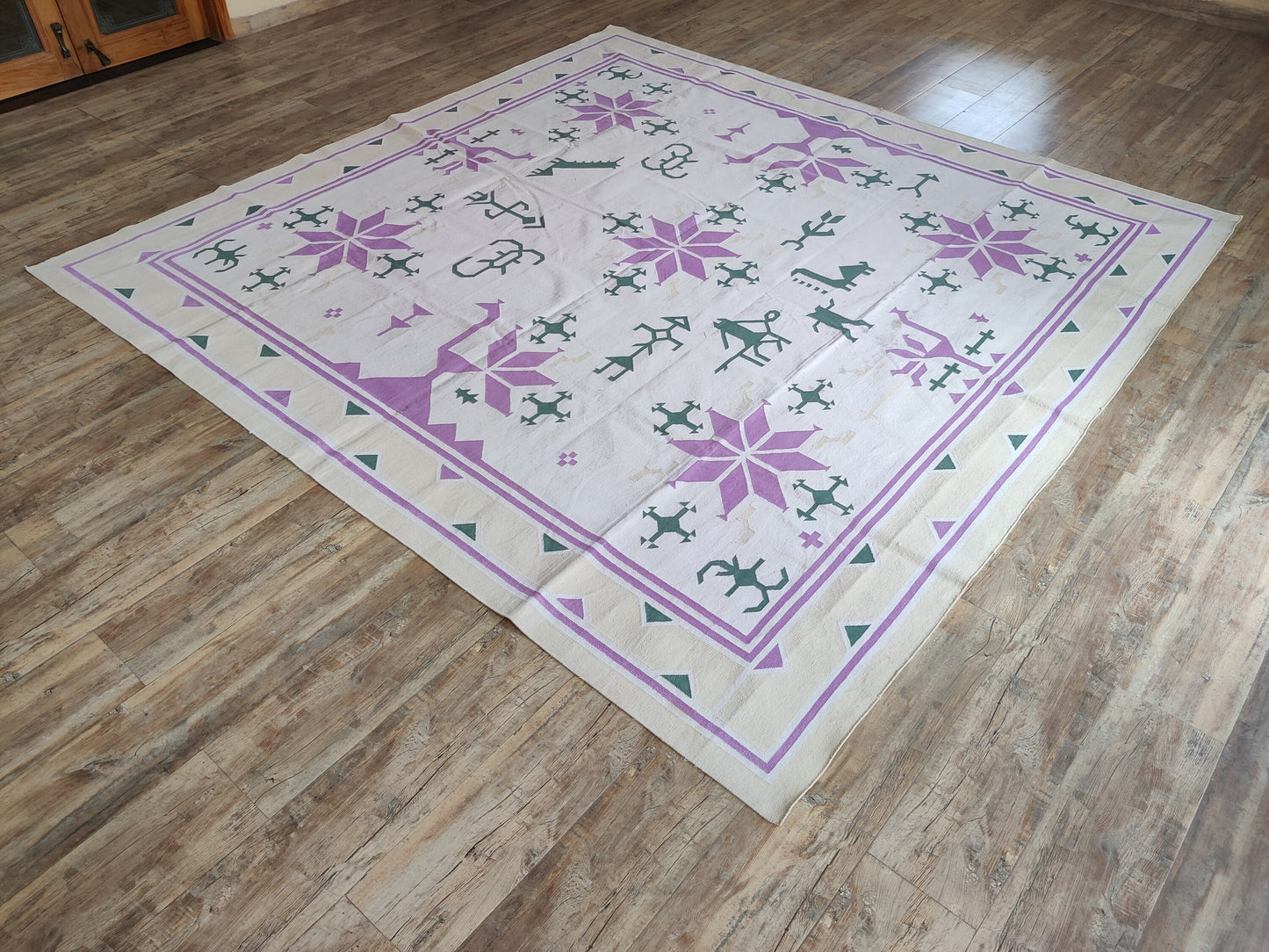 Lavender & Green Tribal Folk Motif Kilim - Traditional Star Pattern Dhurrie