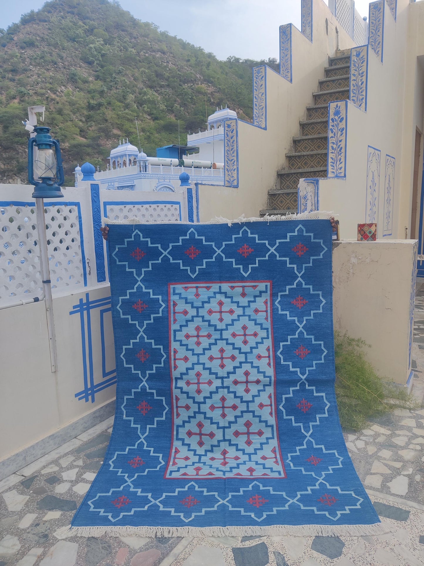 Cobalt Blue Flat Weave Carpet, Southwestern Eye Dazzler Lodge Dhurrie Rug