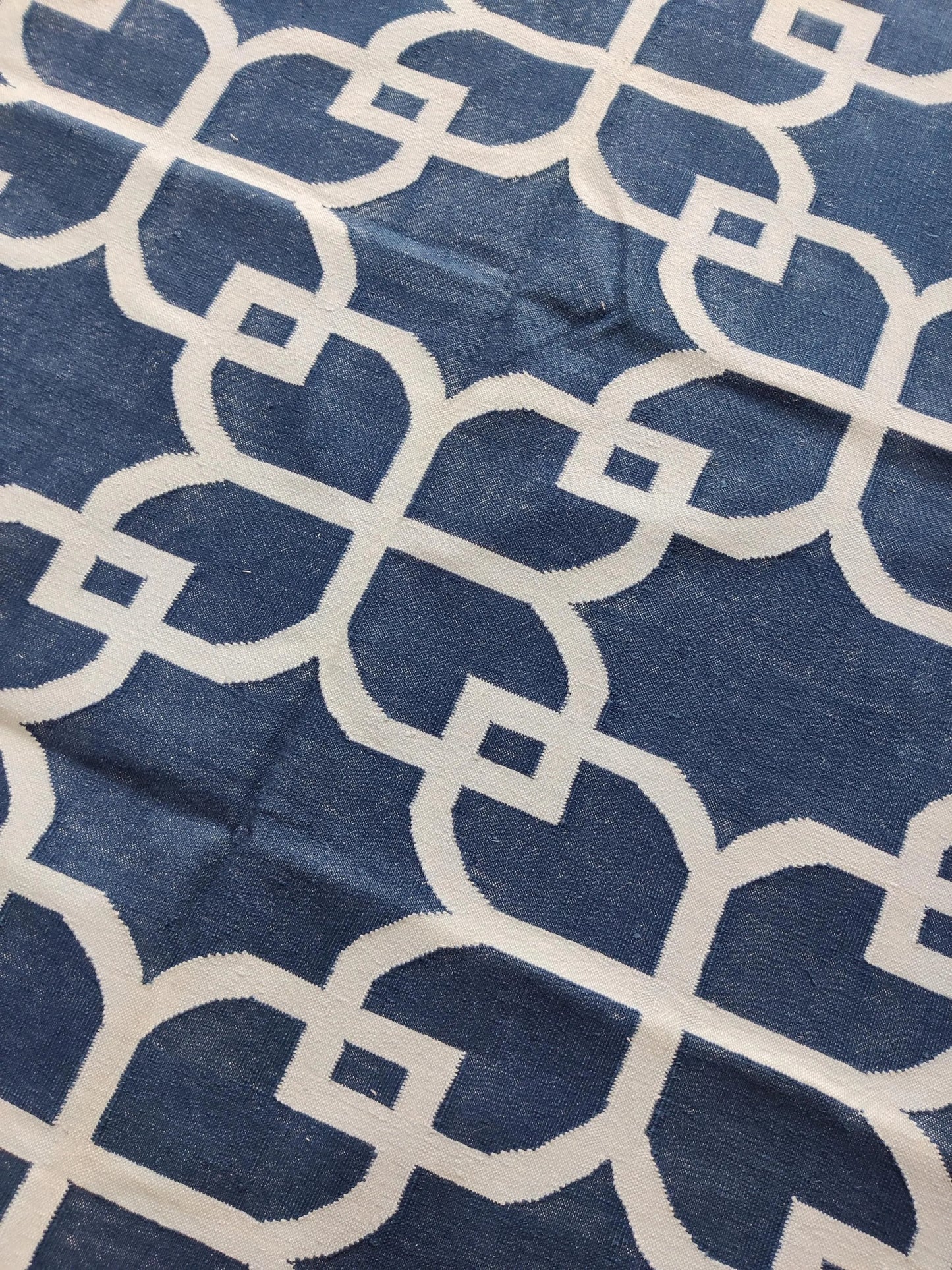 Nautical Navy Trellis Hand-Woven Petal Lattice Dhurrie