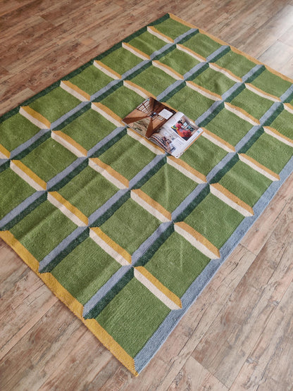 Emerald Block Lattice Modern Green Checkered Wool Cotton Dhurrie Rug