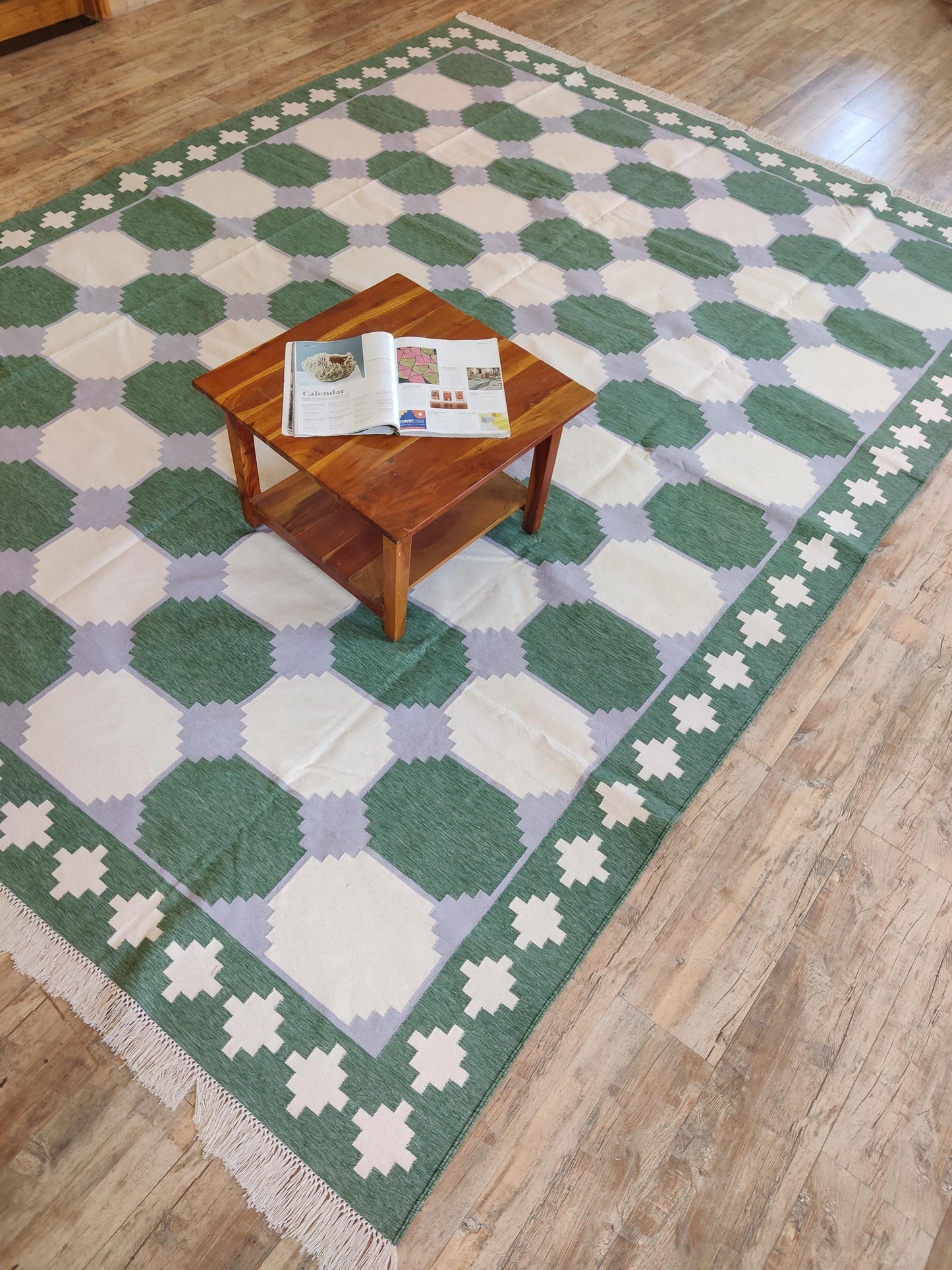 Emerald Octagon Verona Handwoven Cotton Dhurrie rug