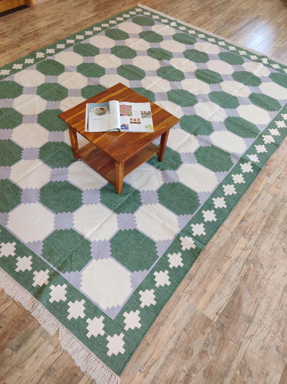Emerald Octagon Verona Handwoven Cotton Dhurrie rug
