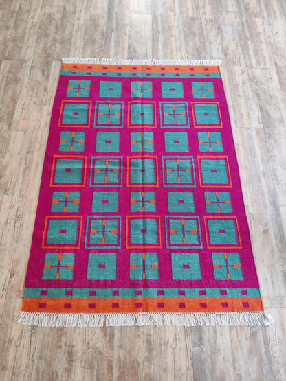 Modern Colorful Geometric Wool Dhurrie Rug