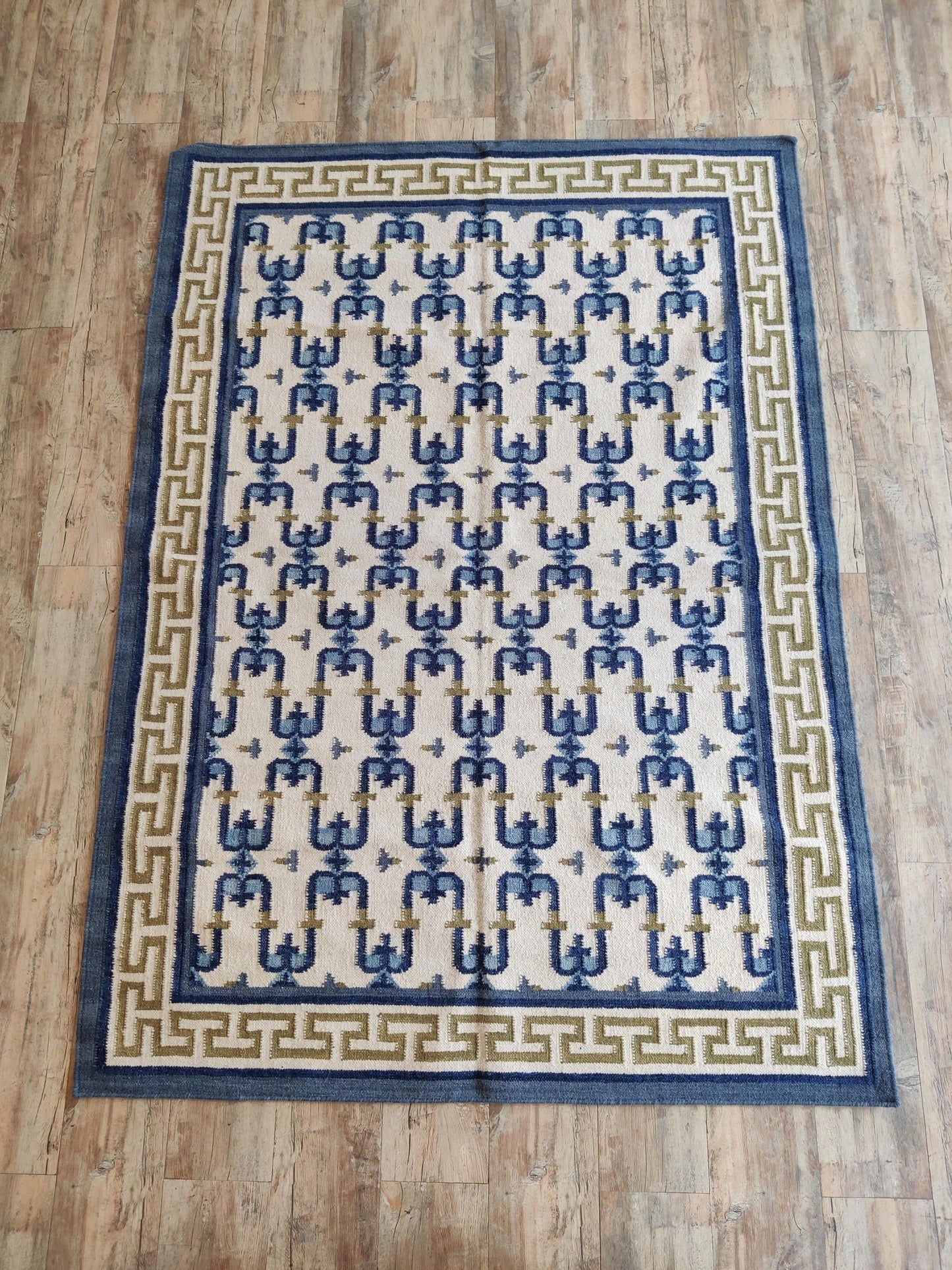 Navy Olive Patterned Dhurrie with Greek Key Border wool rug