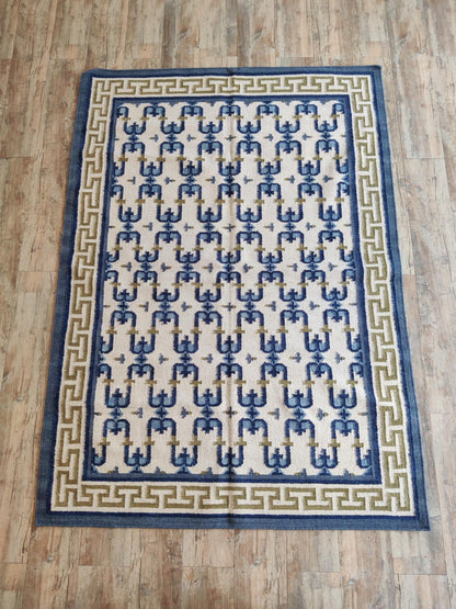 Navy Olive Patterned Dhurrie with Greek Key Border wool rug