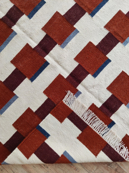 Modern Geometric Terracotta Square Pattern Handwoven Rug