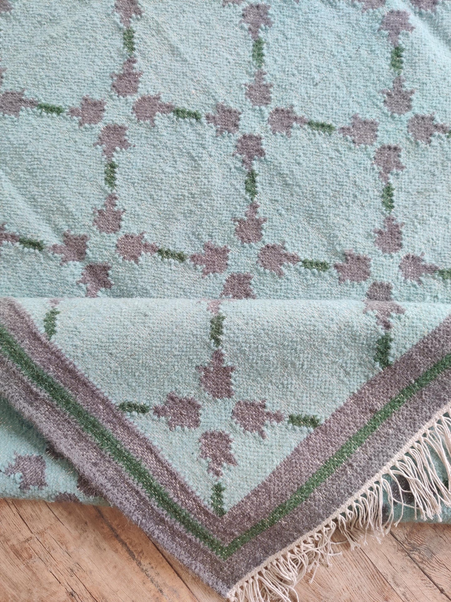 Premium Mint Green & Taupe Grey Wool Dhurrie Rug