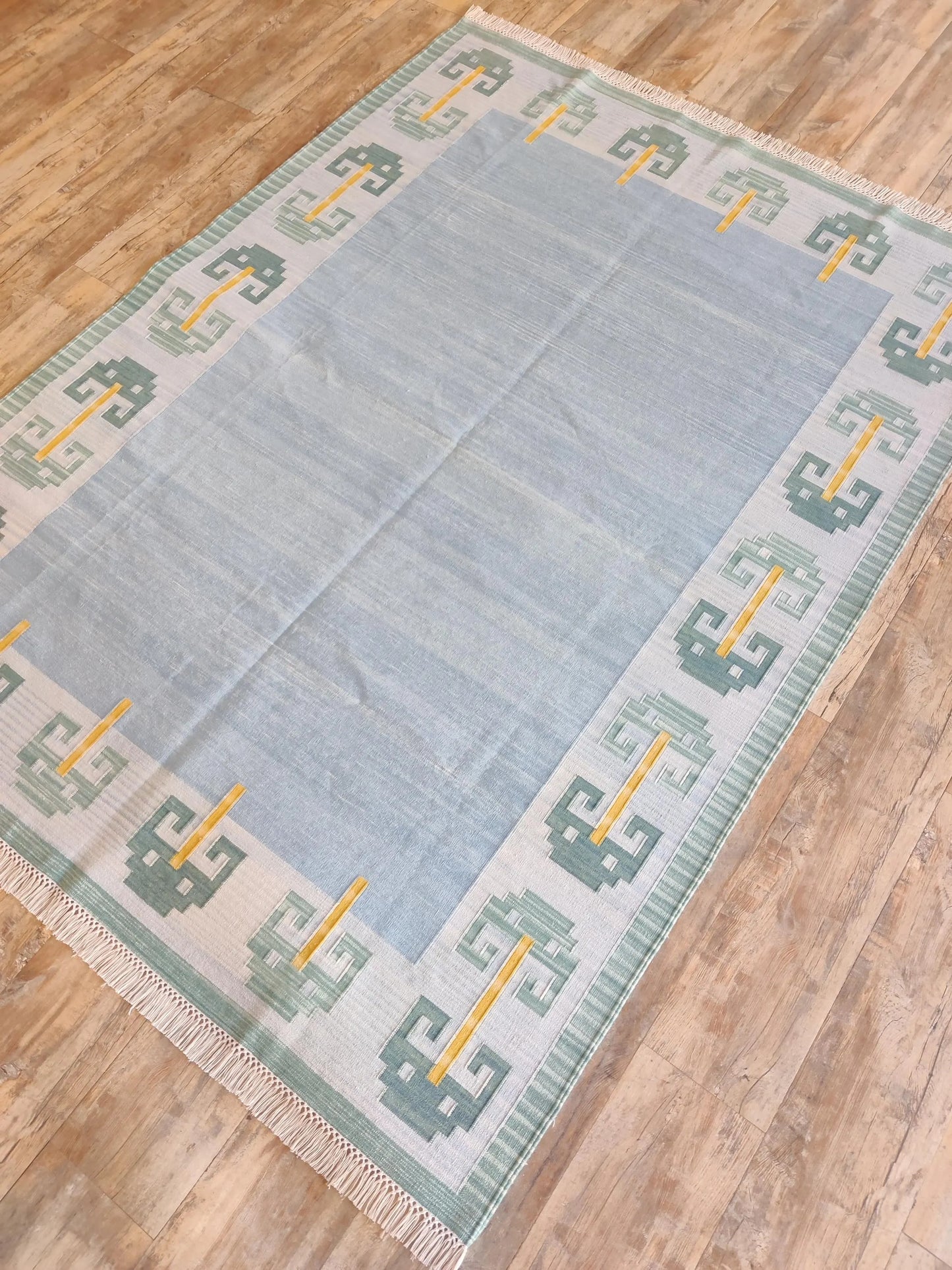 Pastel Blue Cotton Flatweave Rug Retro Modern Area Rug for Bedroom