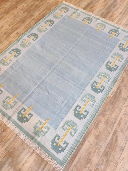 Pastel Blue Cotton Flatweave Rug Retro Modern Area Rug for Bedroom