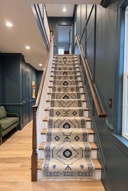 Oushak Vintage Style Runner, Blue Ivory Kitchen Handmade Turkish Runner Rug