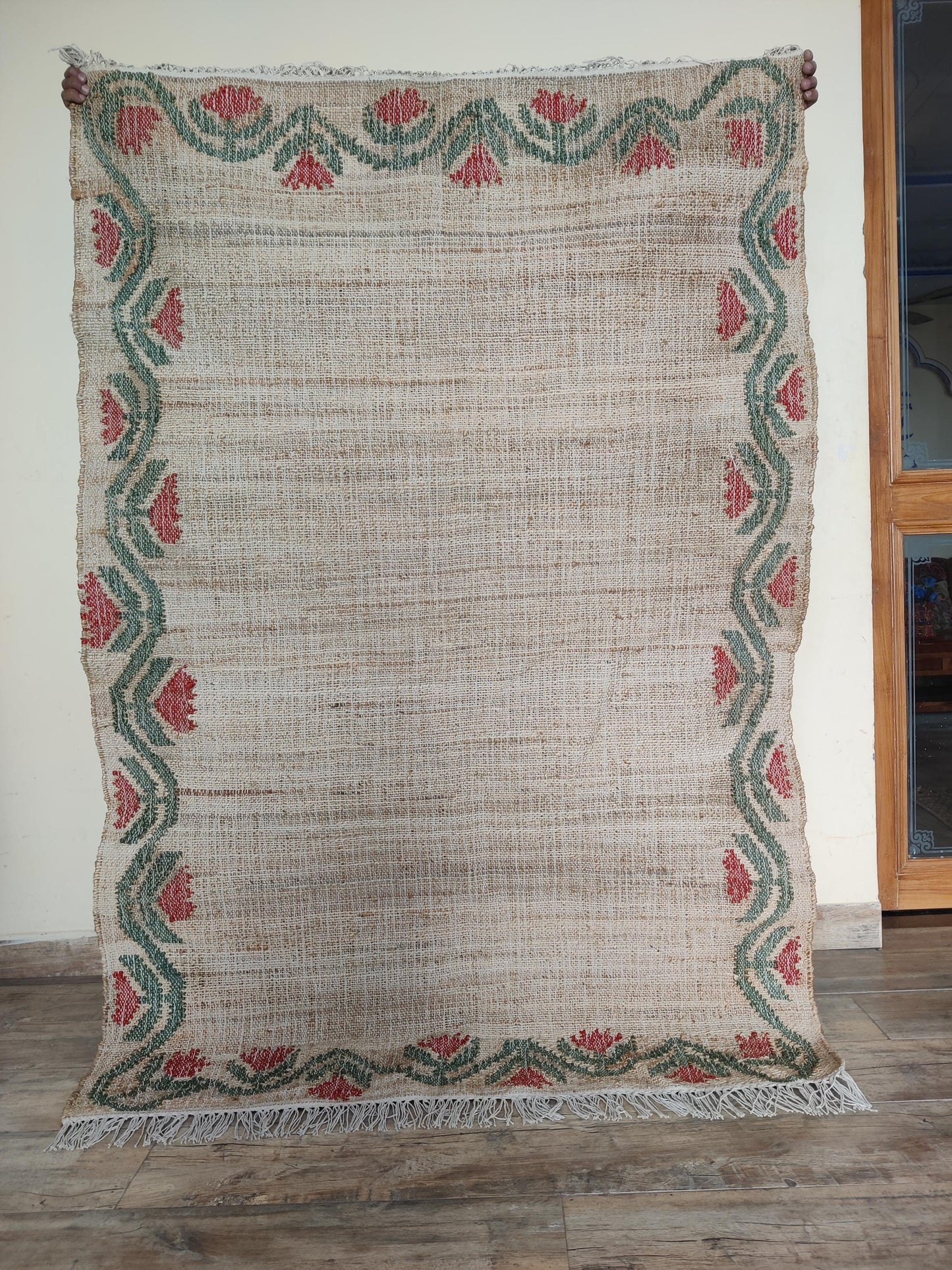 Rose Floral Border Cotton Jute Rug