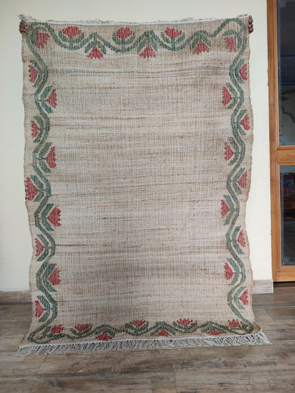 Rose Floral Border Cotton Jute Rug