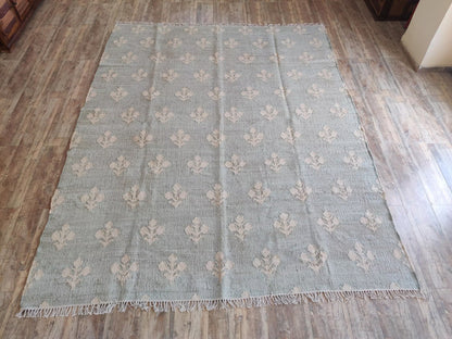 Seafoam Green Fleur-de-lis Kilim Botanical Floral Dhurrie rug