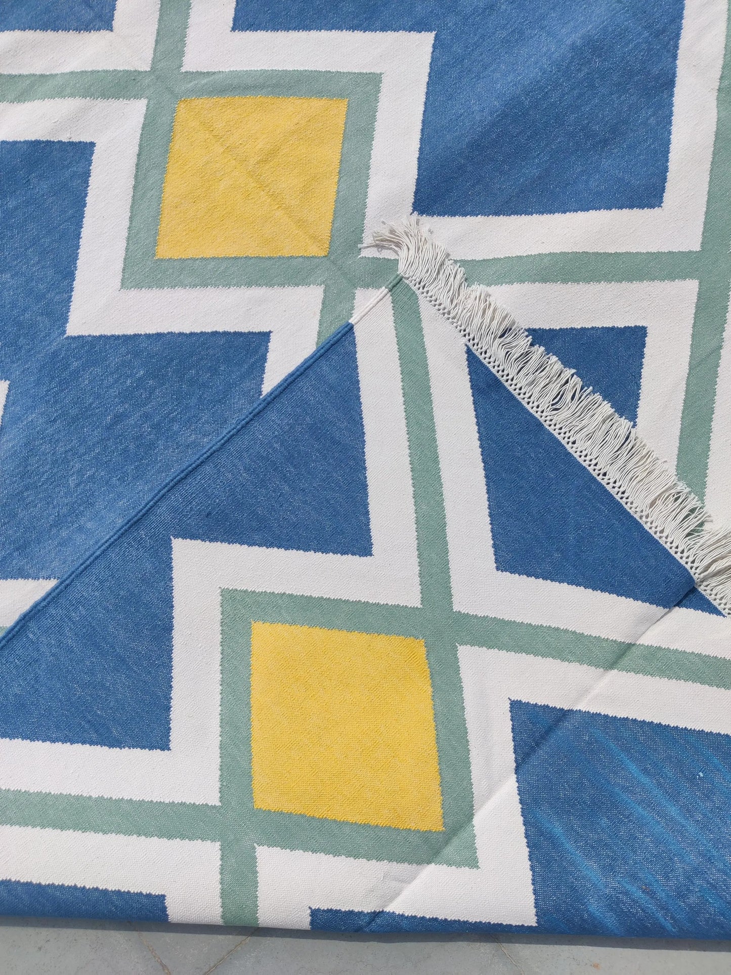 Modern Azure & Canary Yellow Geometric Cotton Flatweave Rug