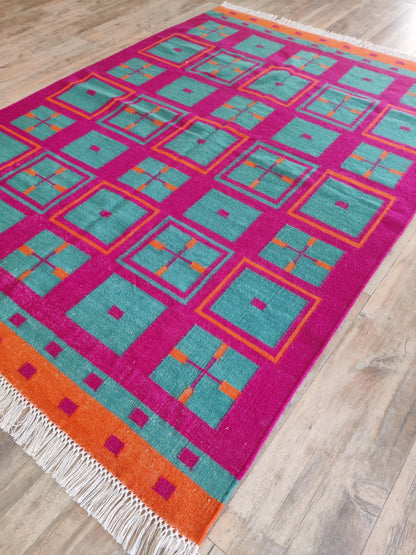 Modern Colorful Geometric Wool Dhurrie Rug