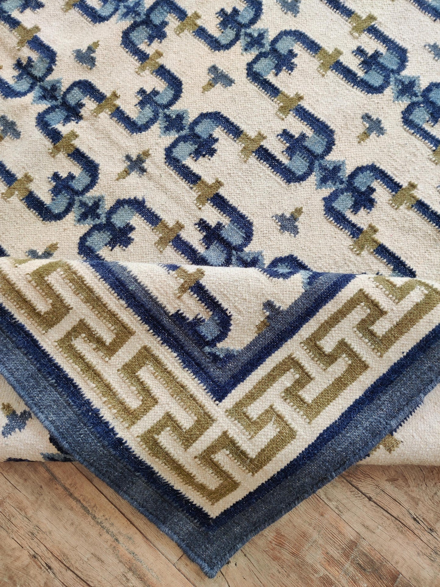 Navy Olive Patterned Dhurrie with Greek Key Border wool rug