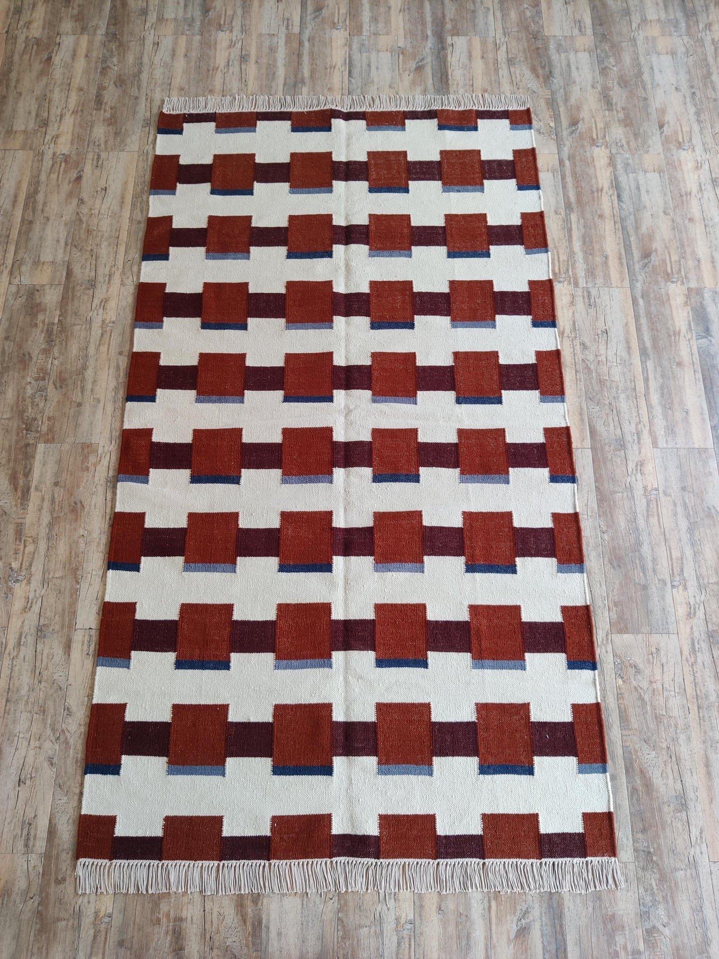 Modern Geometric Terracotta Square Pattern Handwoven Rug