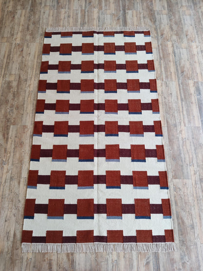 Modern Geometric Terracotta Square Pattern Handwoven Rug