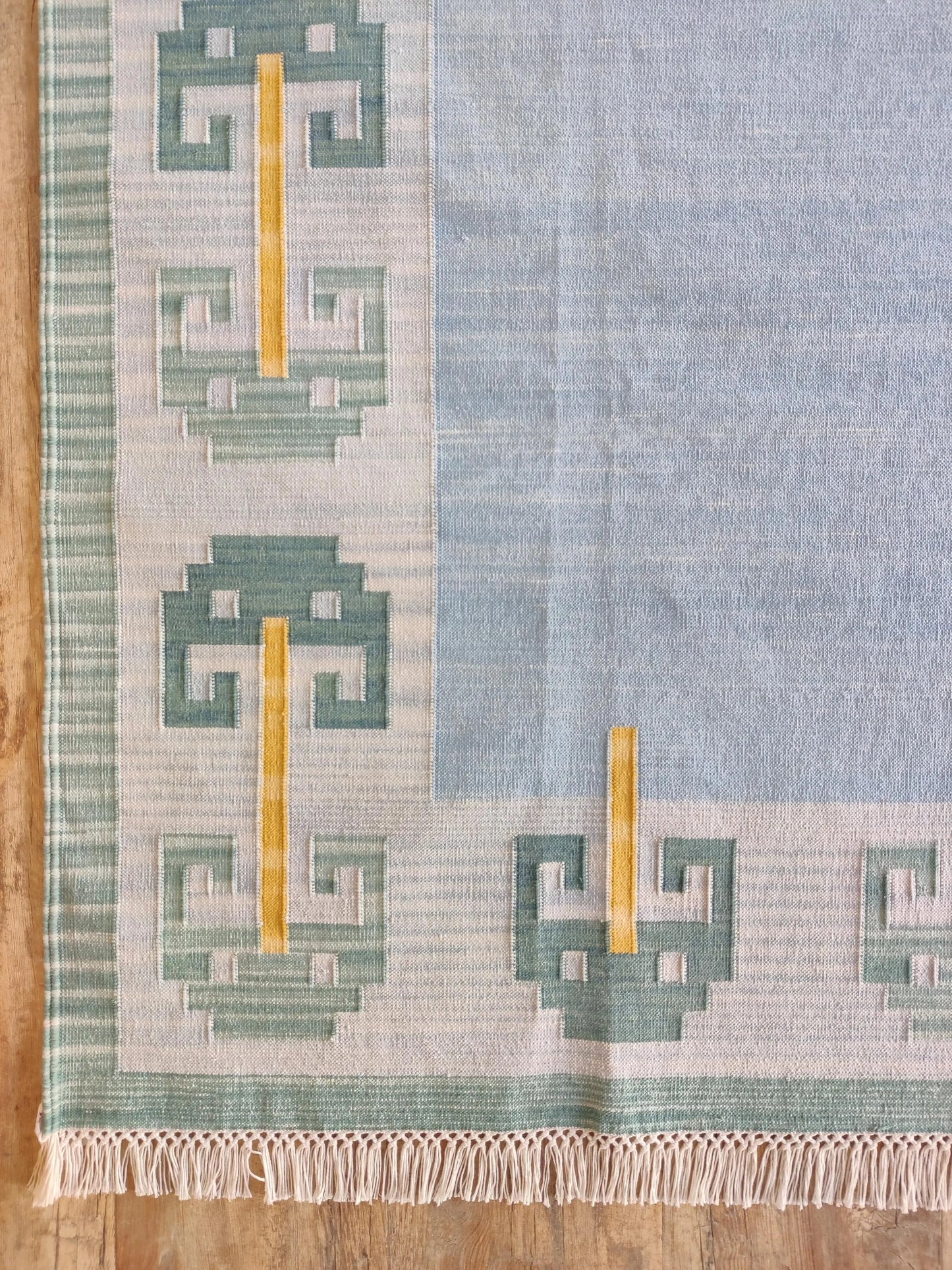 Pastel Blue Cotton Flatweave Rug Retro Modern Area Rug for Bedroom
