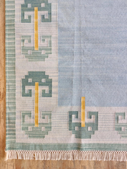 Pastel Blue Cotton Flatweave Rug Retro Modern Area Rug for Bedroom