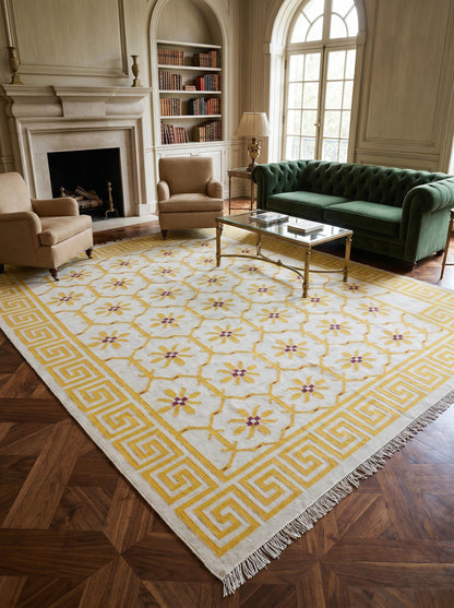 Yellow Greek Key Blossom Border Kilim Custom Size rug