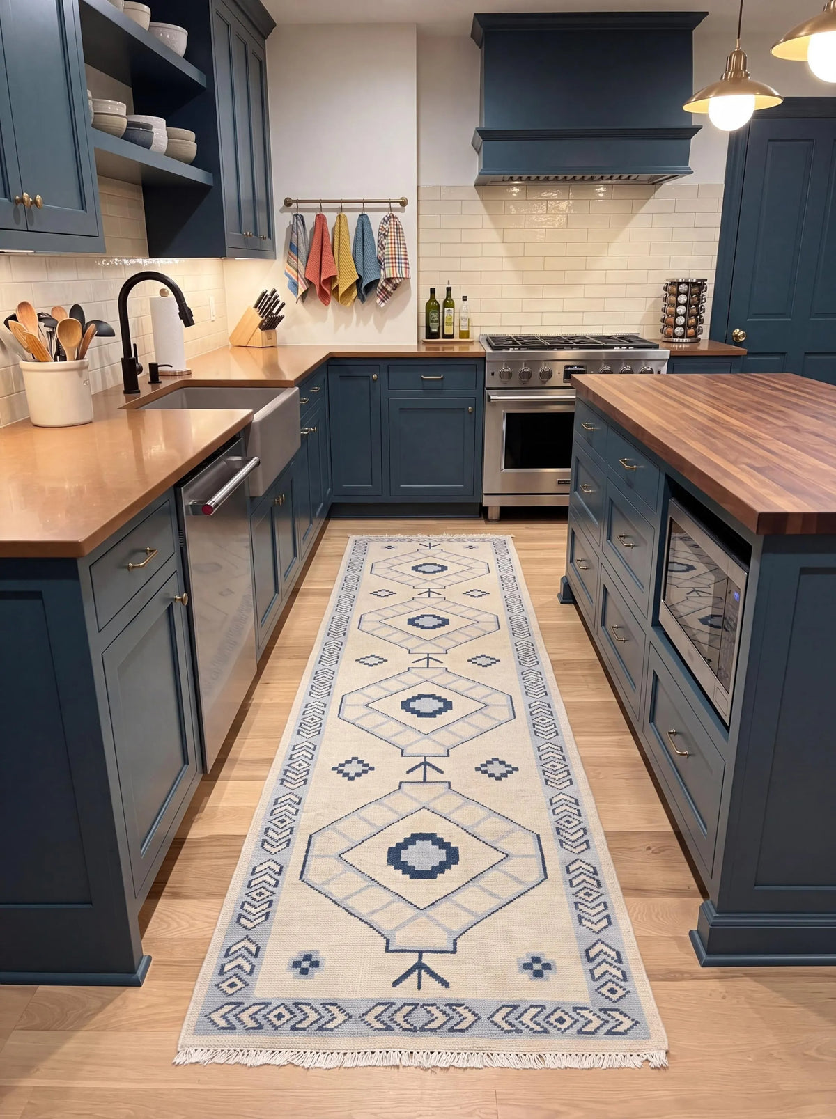 Oushak Vintage Style Runner, Blue Ivory Kitchen Handmade Turkish Runner Rug