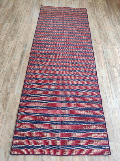 Indigo Blue & Rust Red Striped Pattern - Durable Handloom Hallway Carpet