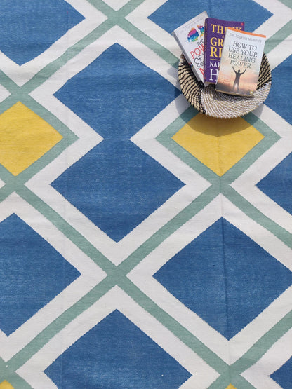 Modern Azure & Canary Yellow Geometric Cotton Flatweave Rug
