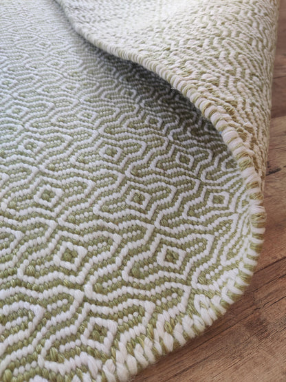 Olive Green Wool Rug Intricate Lattice Diamond Pattern