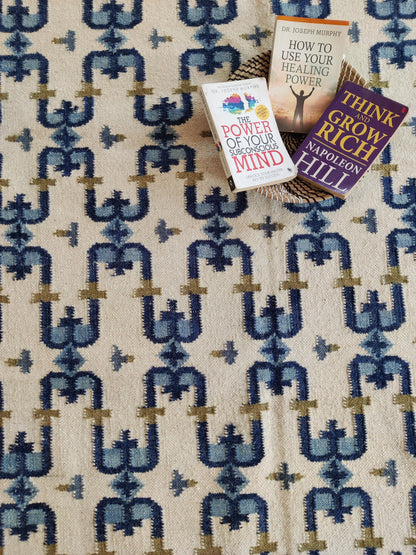 Navy Olive Patterned Dhurrie with Greek Key Border wool rug