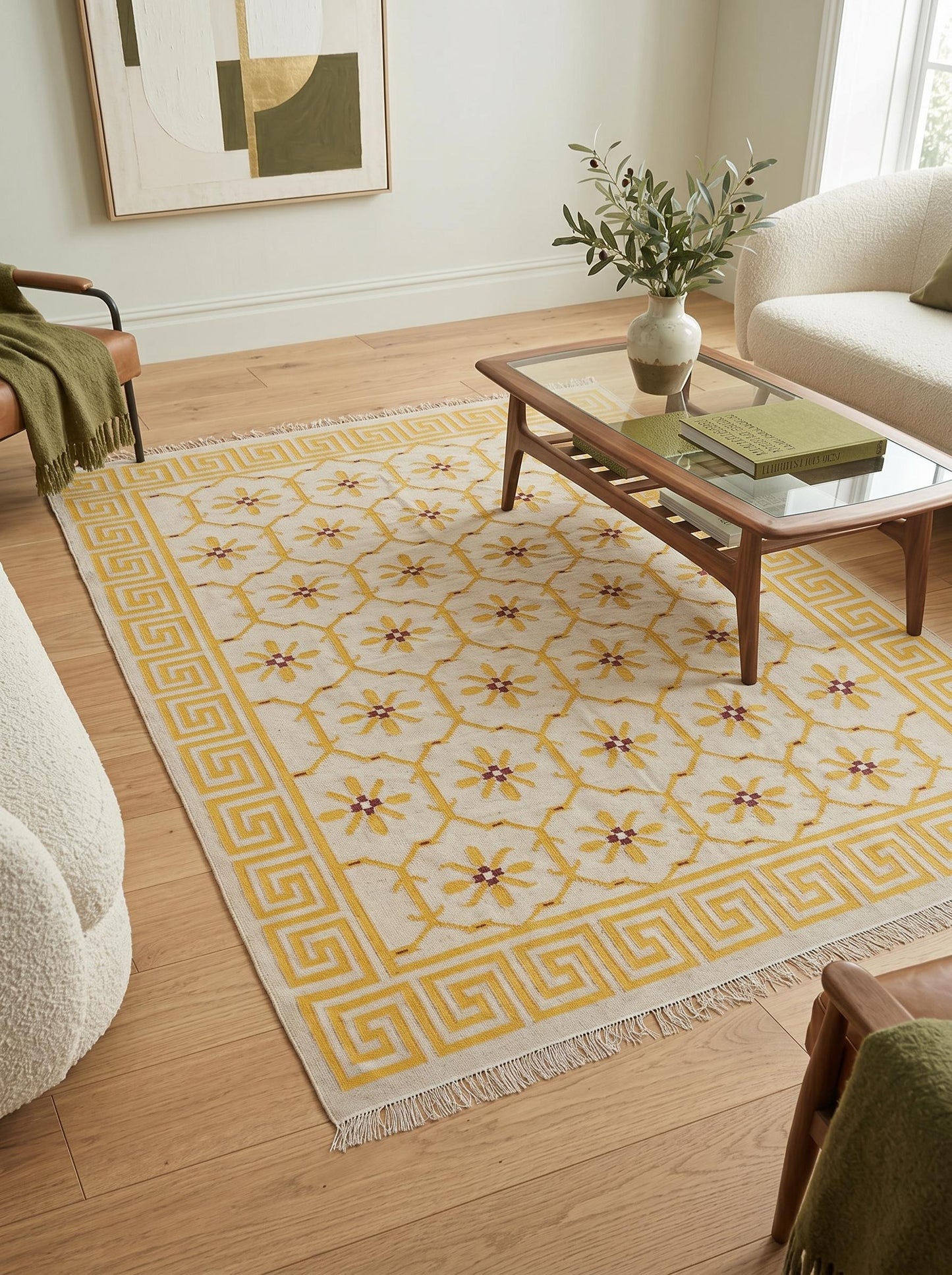 Yellow Greek Key Blossom Border Kilim Custom Size rug