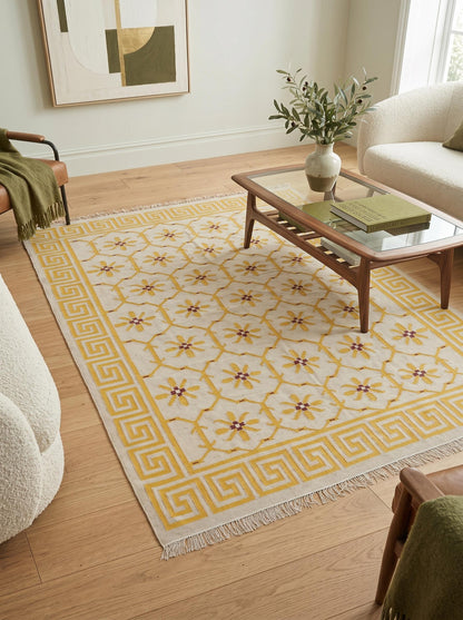 Yellow Greek Key Blossom Border Kilim Custom Size rug