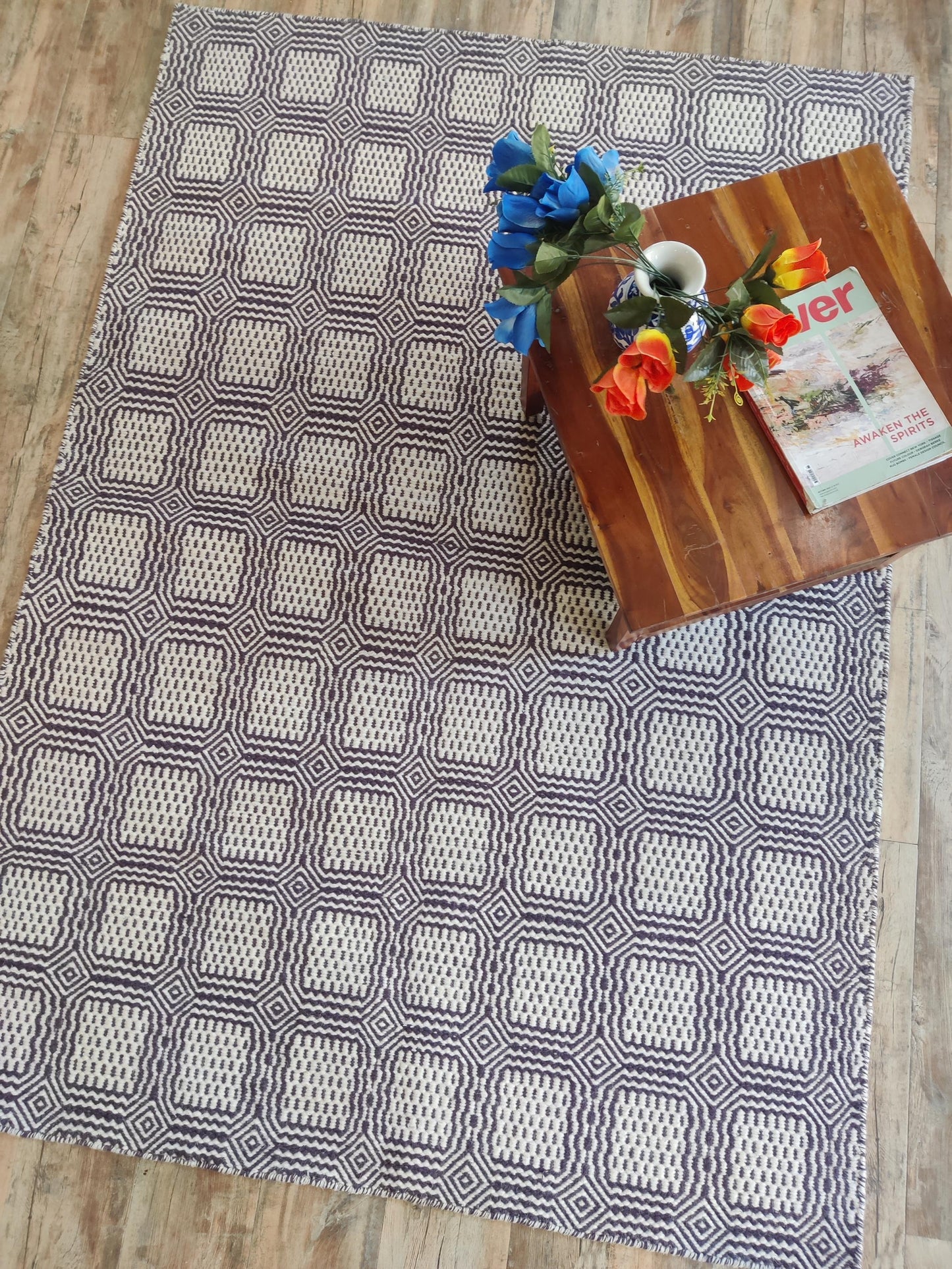 Hand-Woven Charcoal & Ivory Box-Tile Wool Rug