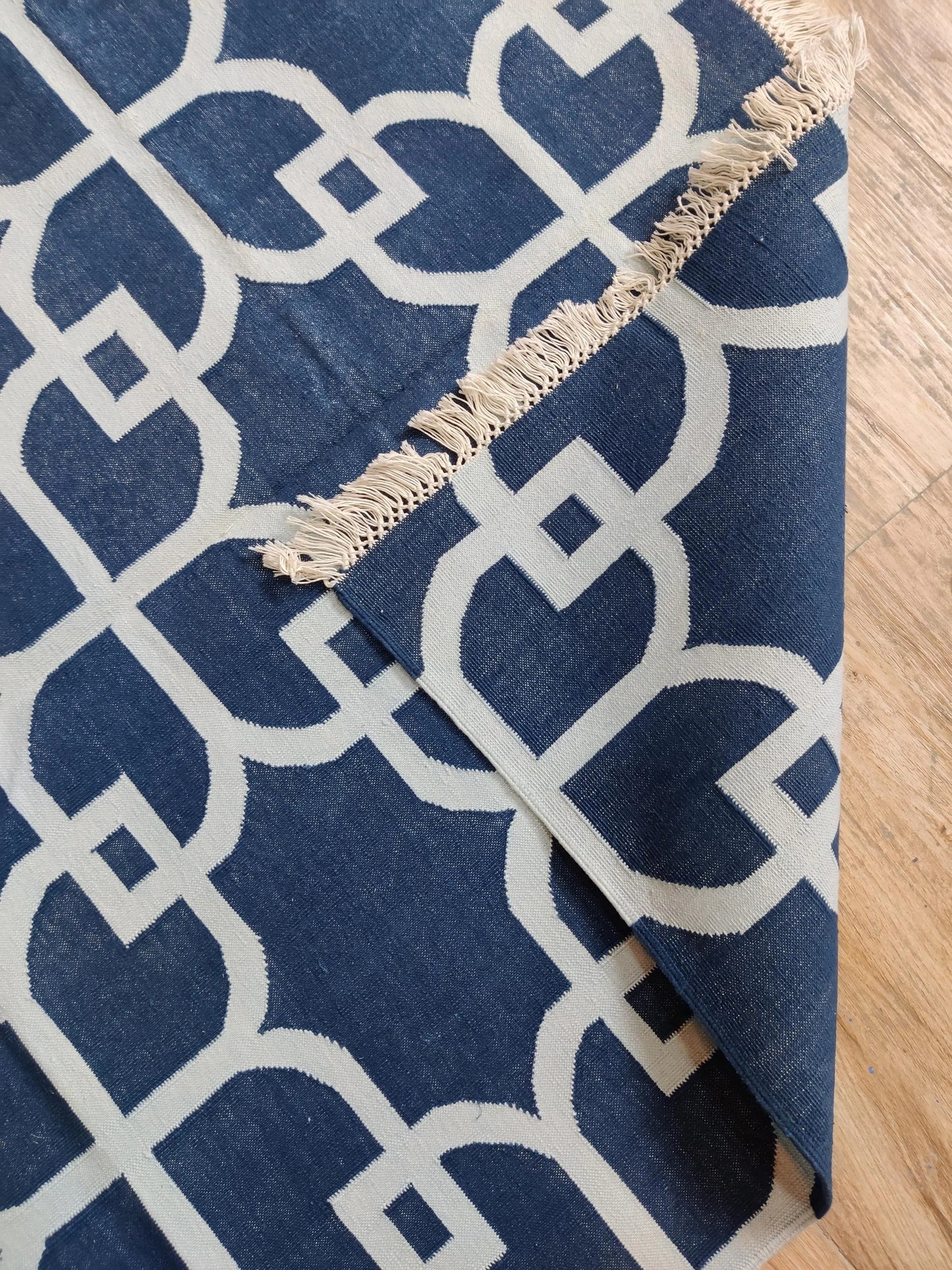 Nautical Navy Trellis Hand-Woven Petal Lattice Dhurrie