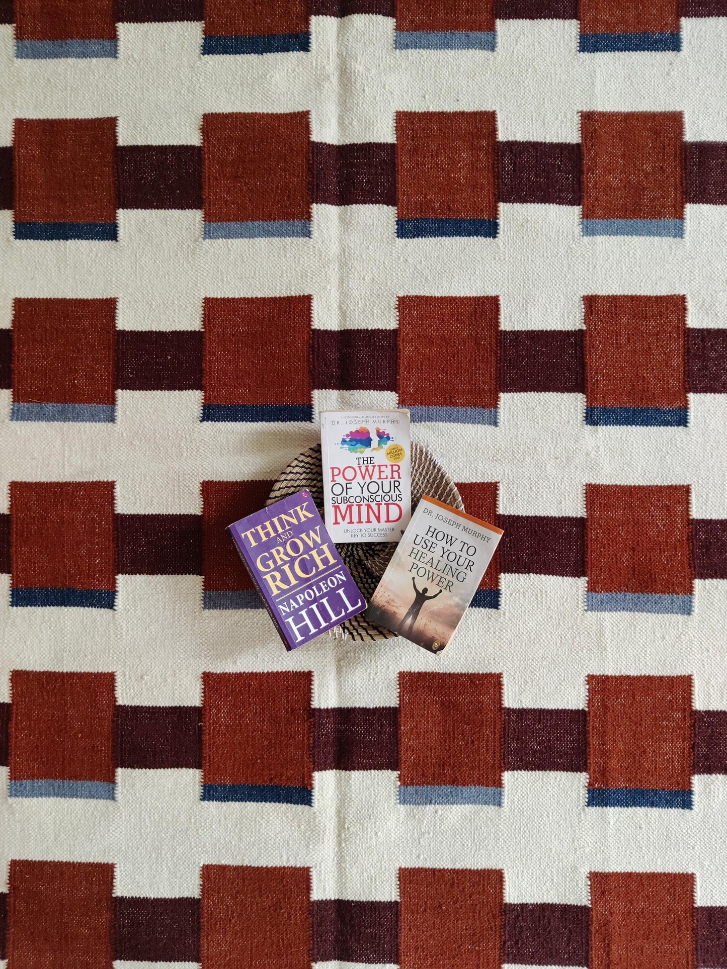 Modern Geometric Terracotta Square Pattern Handwoven Rug