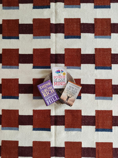 Modern Geometric Terracotta Square Pattern Handwoven Rug