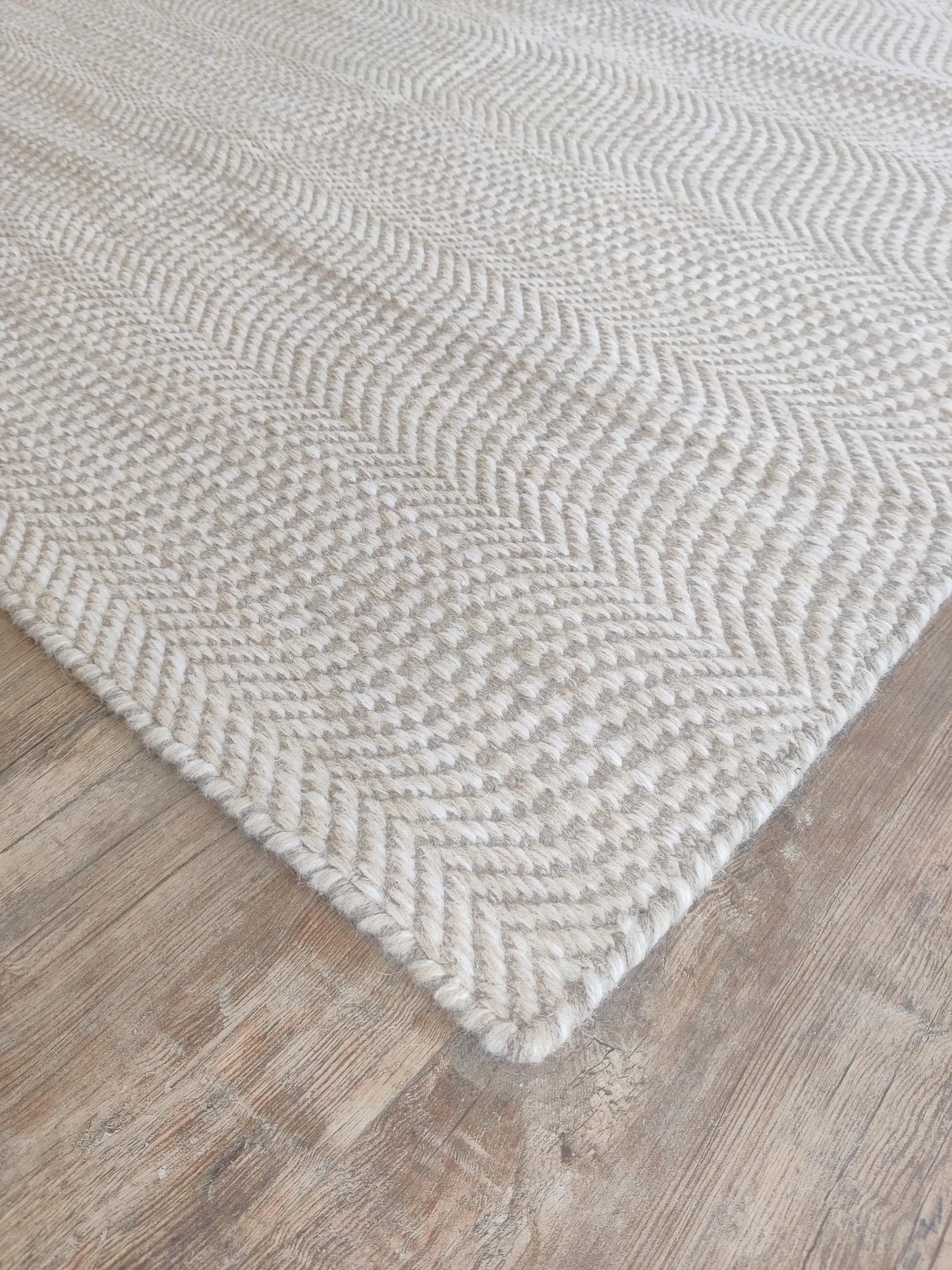 Neutral Beige Chevron Pattern Wool Carpet