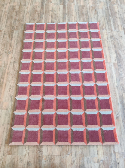 Abstract Red Orb & Checkered Pattern Thick Plush Pile Designer Carpet