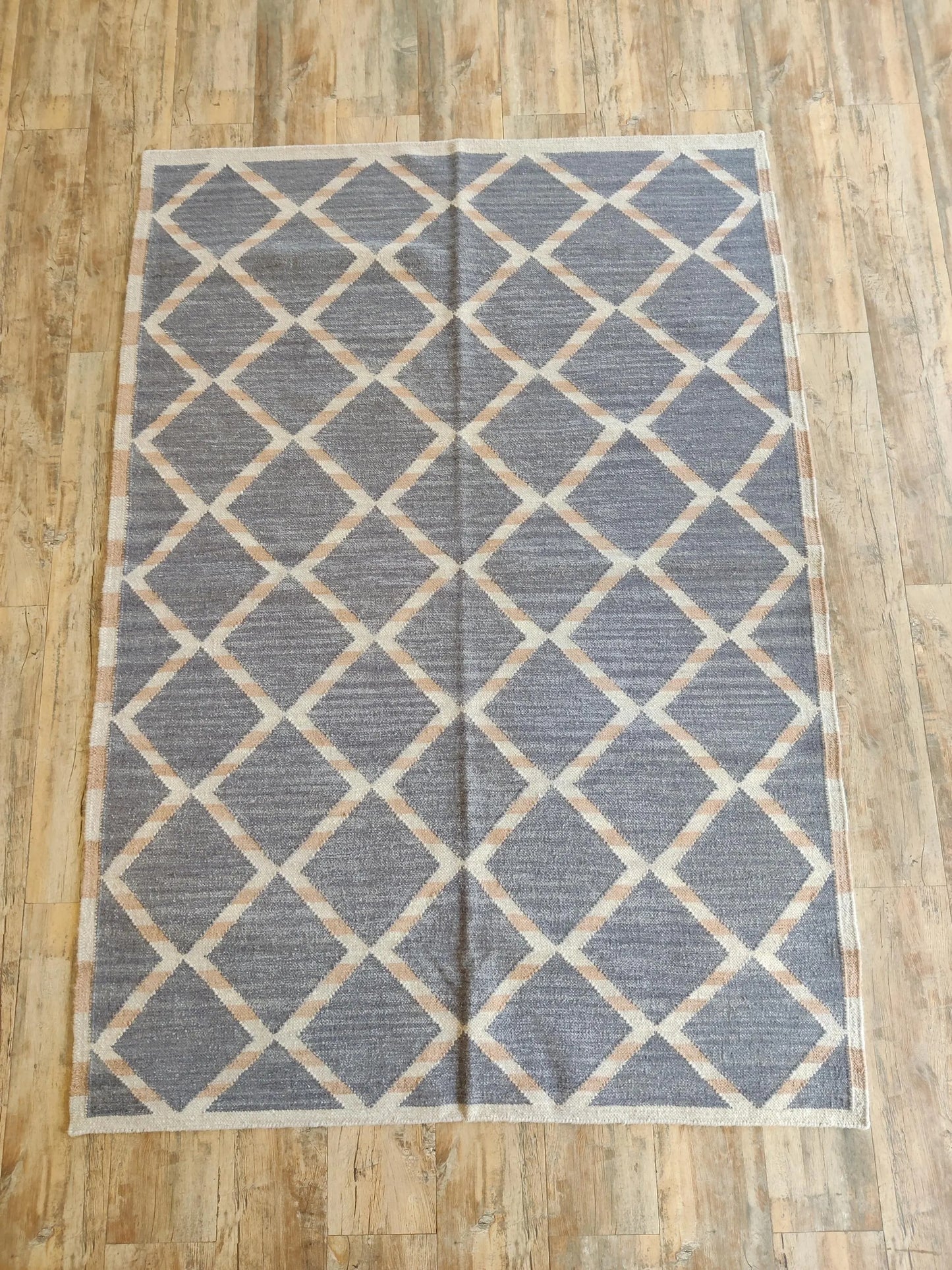 Slate Diamond Lattice Modern Grey and Beige Wool Cotton Dhurrie Rug
