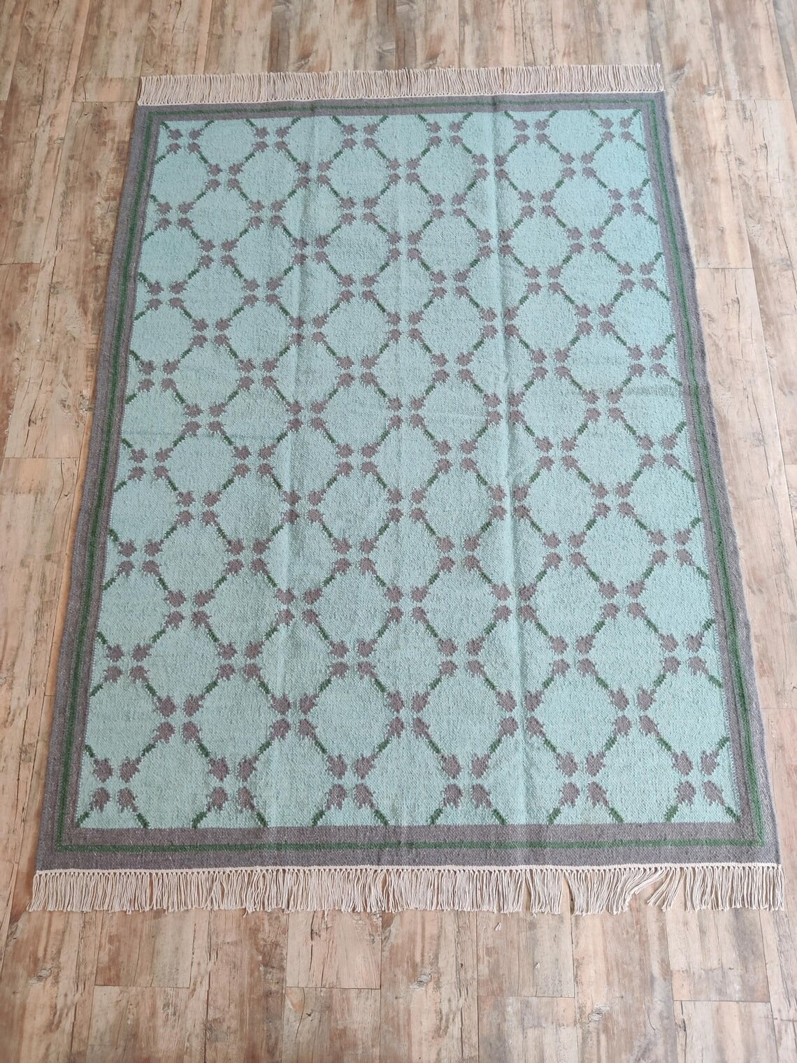 Premium Mint Green & Taupe Grey Wool Dhurrie Rug